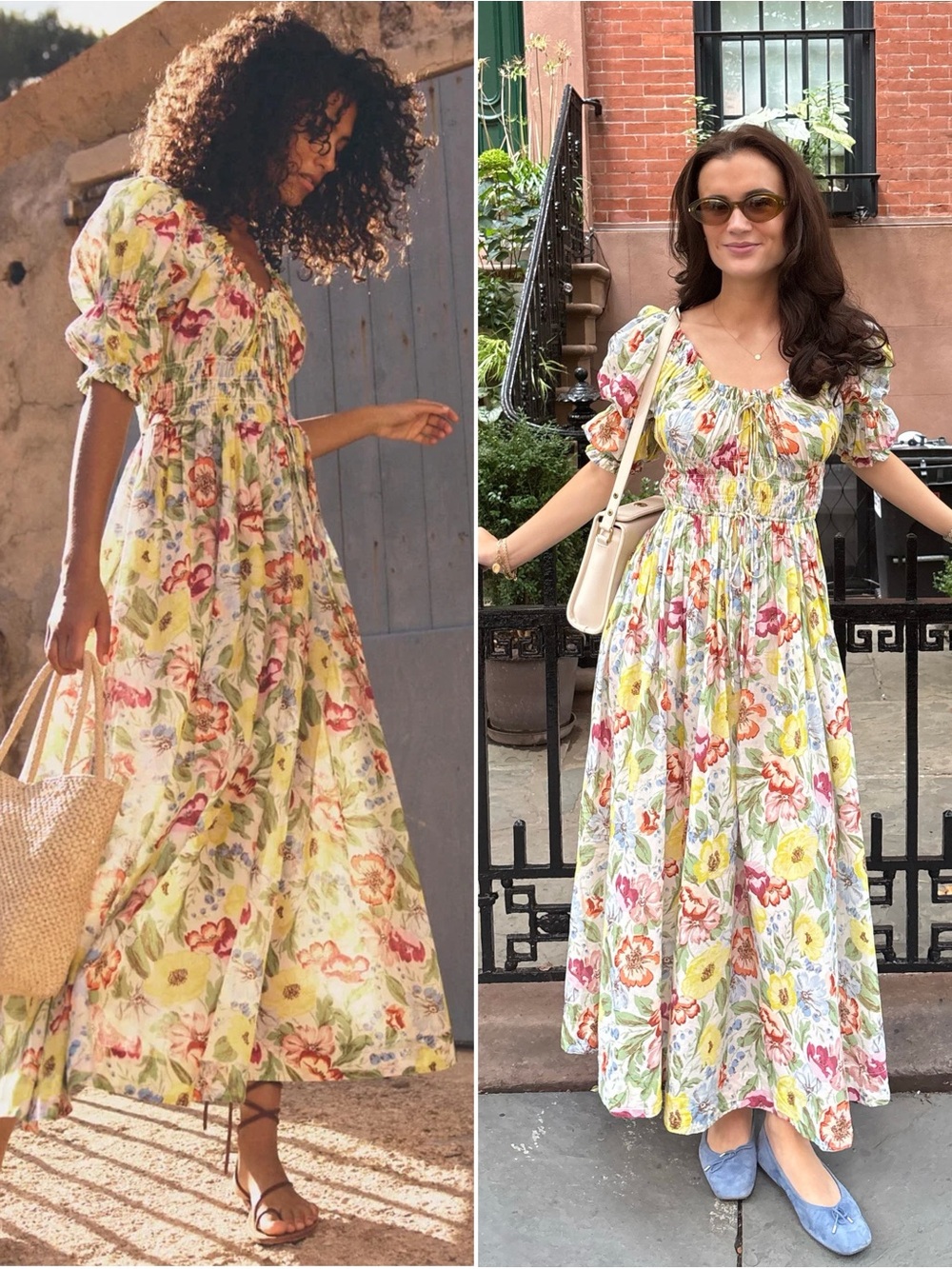 Doen Ischia Shirred Floral Print Cotton Voile Midi Dress Size XL